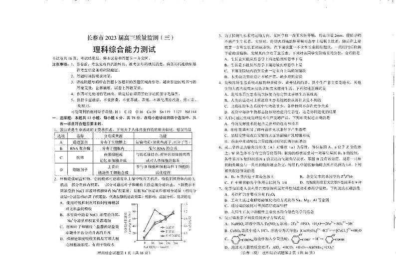 2023长春高三下学期第三次模拟考试理科综合试题PDF版无答案第1页