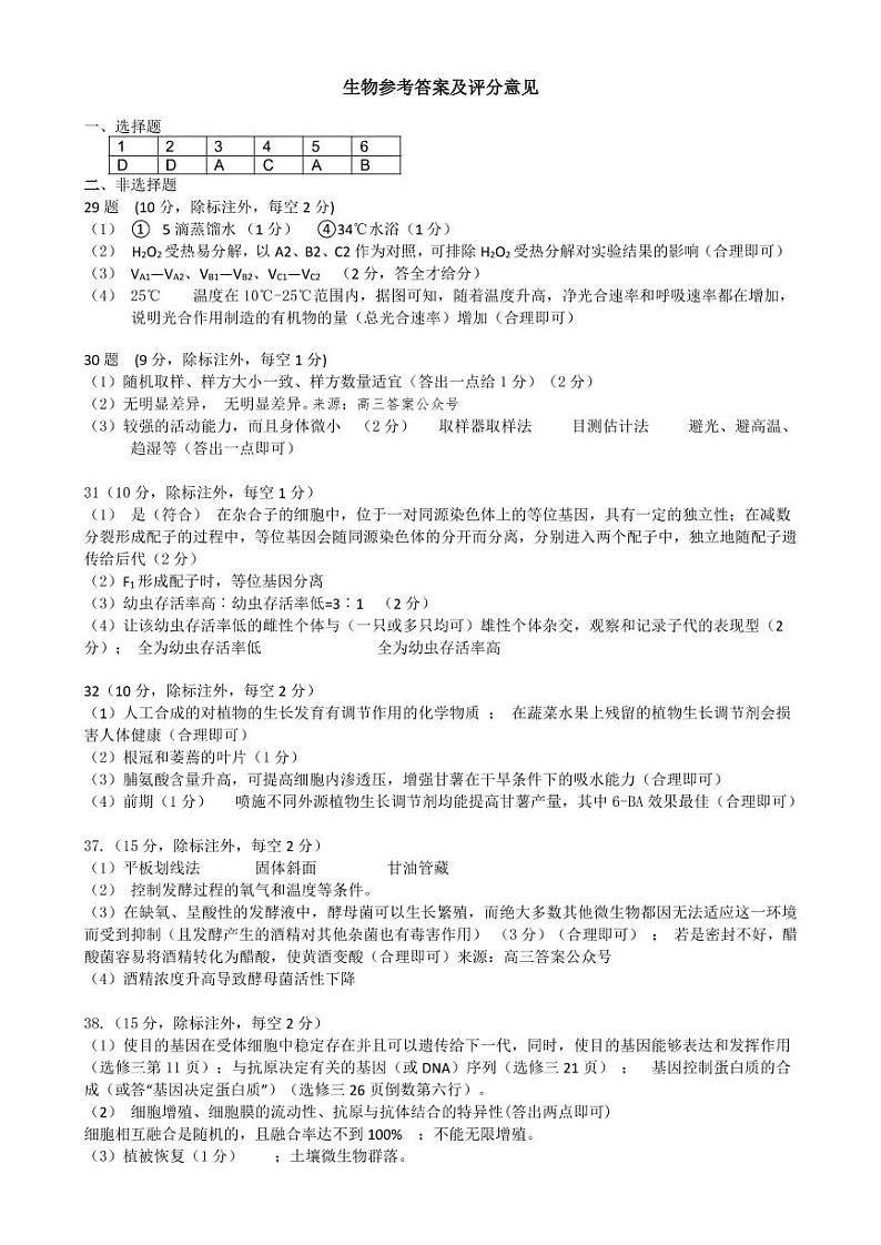 2023届江西省五市九校协作体高三第二次联考理综生物答案第1页
