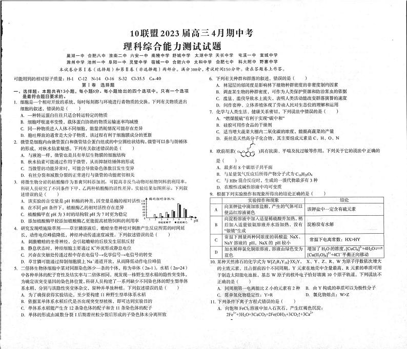 安徽A10联盟2023届高三4月期中考理综第1页