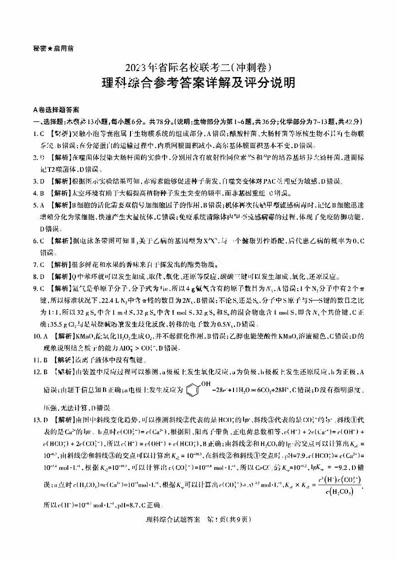 山西省2023年省际名校联考二（冲刺卷）理科综合答案和解析第1页