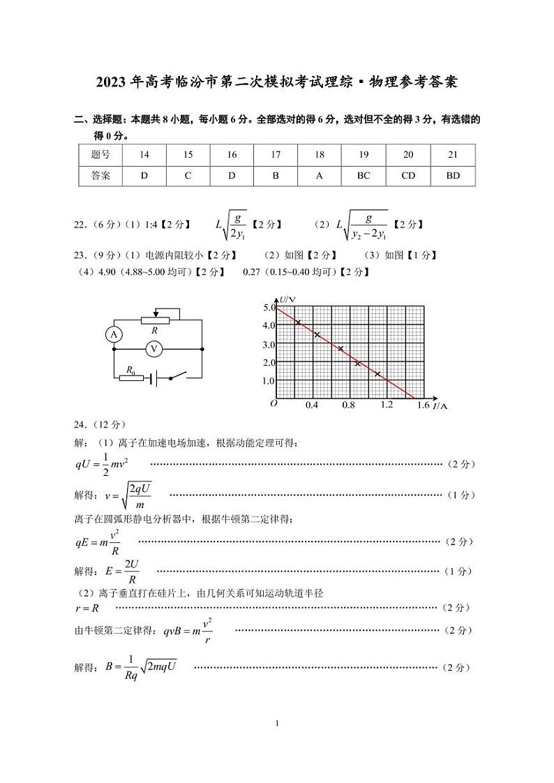 2023届山西省临汾市高三下学期高考考前适应性训练考试（二）理综物理答案第1页