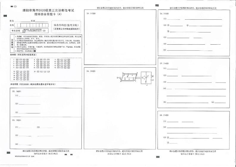 2023届四川省绵阳市高三三诊 理综试题及答案01