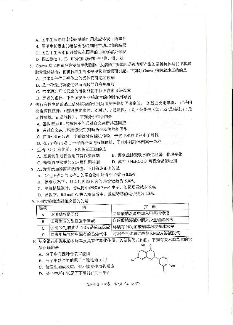 2023届四川省绵阳市高三三诊 理综试题及答案02