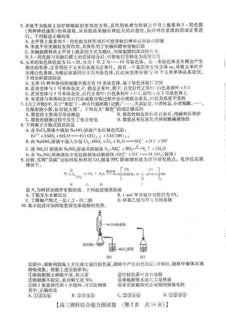 2023河南省高三下学期TOP二十名校四月冲刺考（一）理综PDF版含解析 试卷02