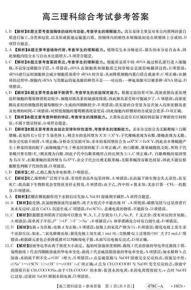 2023届河南省创新发展联盟高三下学期4月模拟考试（二模） 理综 PDF版01