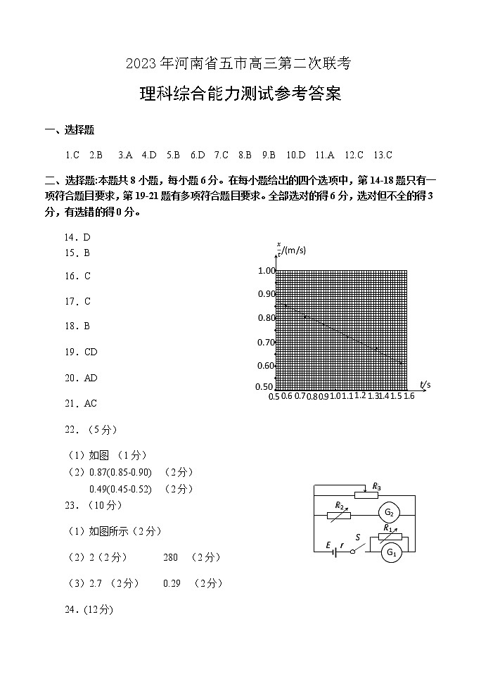2023届河南省五市高三第二次联考（二模）理综试题及答案01