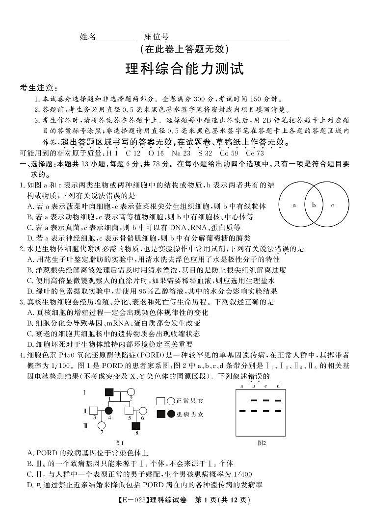 2023届安徽省皖江名校联盟高三下学期开学摸底联考 理综 PDF版 试卷01