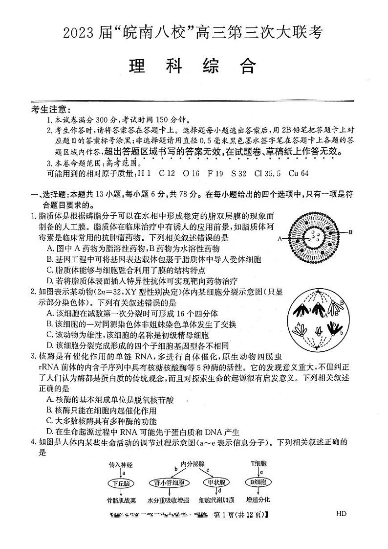 2023届安徽省皖南八校高三下学期第三次大联考试题 理综 PDF版01