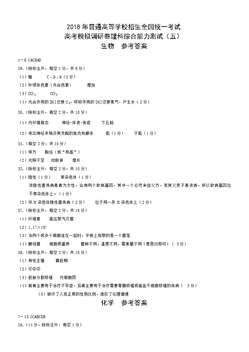 2018年普通高等学校招生全国统一考试高考模拟调研卷（五）理综试题（pdf版）01