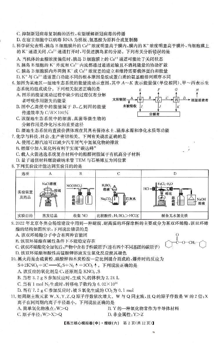 河南省豫北名校2022-2023学年高三核心模拟卷中期训练理科综合试卷（六）第2页