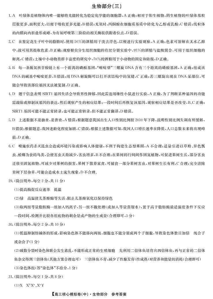 22届九师联盟核心模拟卷（中）生物答案第1页