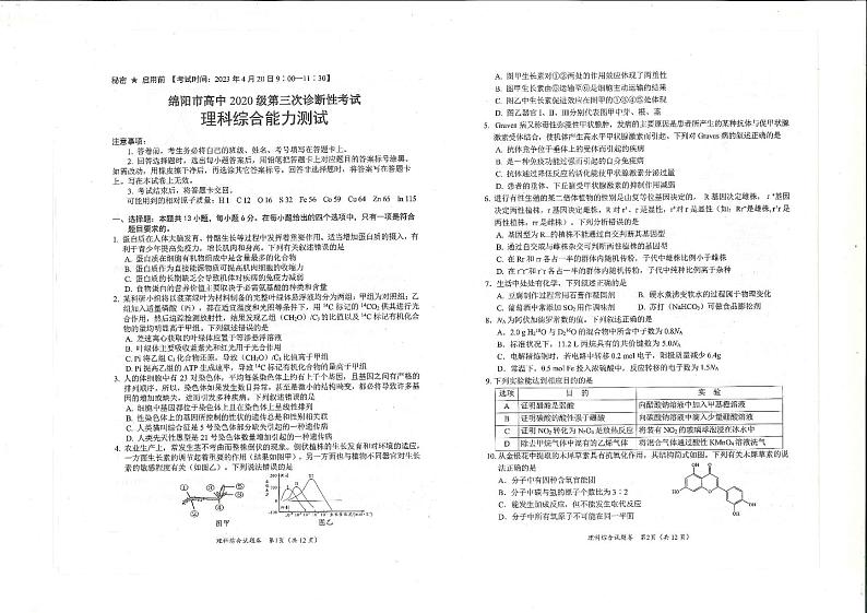四川省绵阳市2023届高三下学期第三次诊断性考试（三模）2023绵阳3诊理综试卷  PDF版无答案第1页