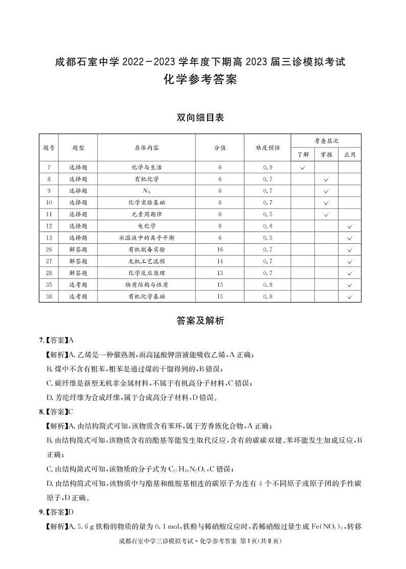 2023届四川省成都市石室中学高三下学期三诊模拟理科综合试题01