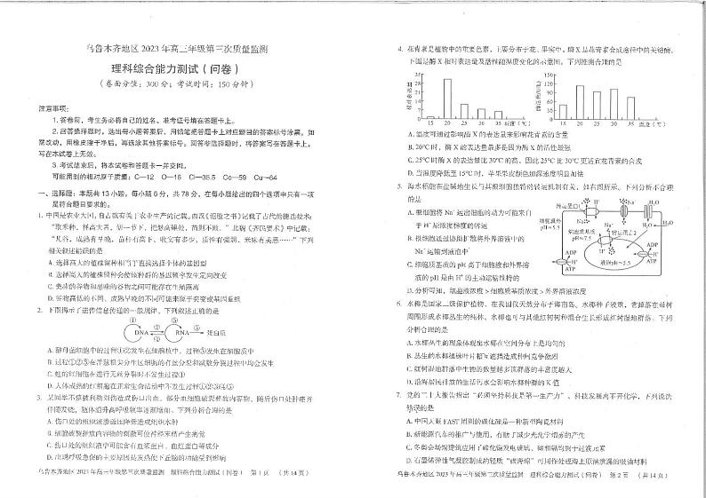 新疆乌鲁木齐市2023届高三下学期三模理科综合试卷+答案01