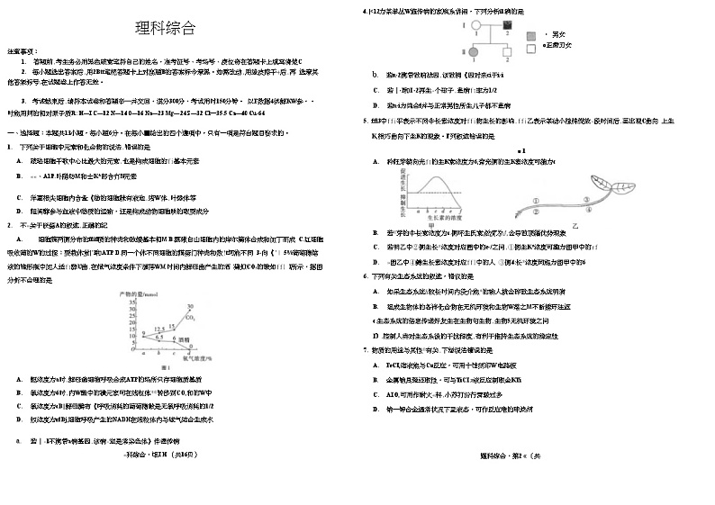 云南师大附中2022届高考适应性月考卷（二）理科综合试卷及答案第1页