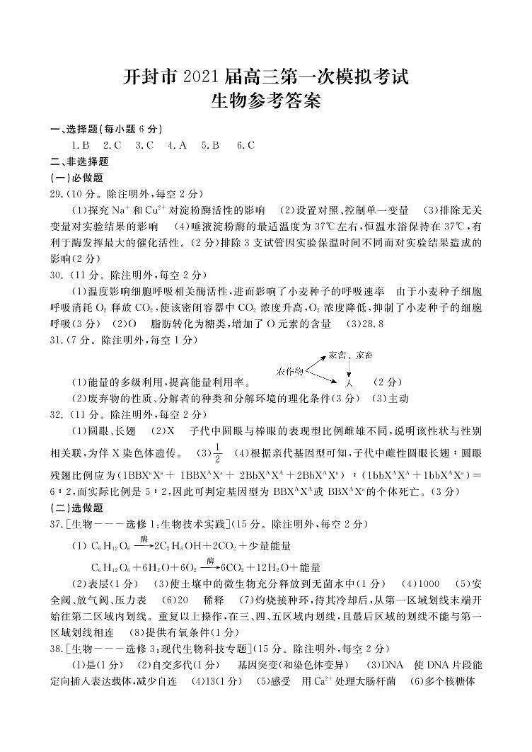 2021届河南省开封市高三上学期第一次模拟考试（一模）理科综合试卷 PDF版01