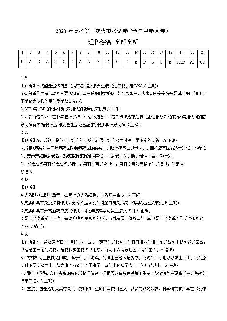 2023年高考第三次模拟考试卷-理科综合（全国甲卷A卷）（全解全析）01