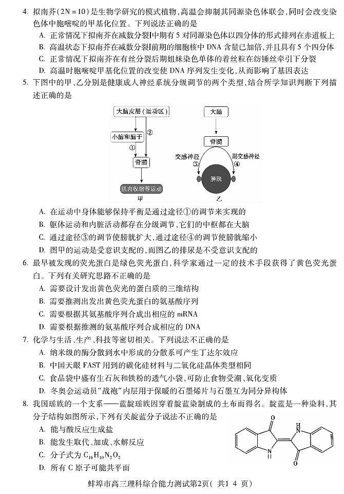 YU蚌埠高三理综（四模）试卷第2页