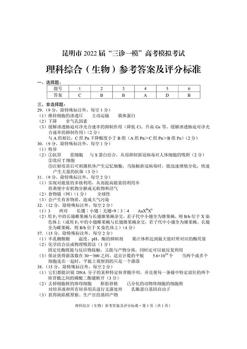 2022届云南省昆明市高三下学期5月“三诊一模”模拟考试理科综合试题（PDF版含答案）01