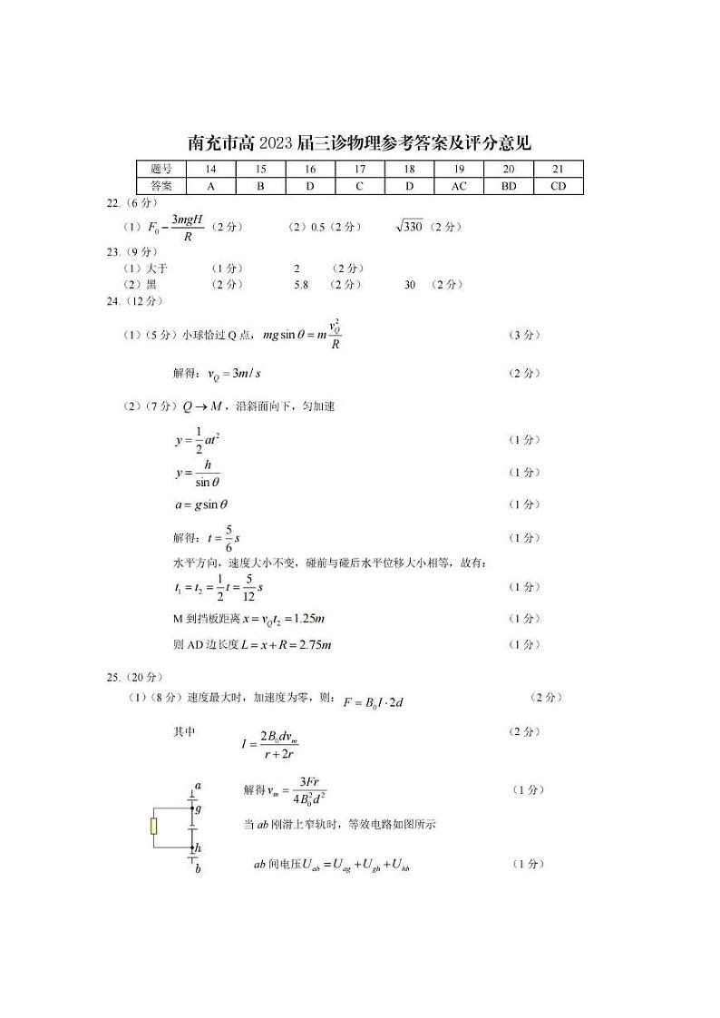 2023届四川省南充市高三下学期高考适应性考试（三诊）理综 PDF版01