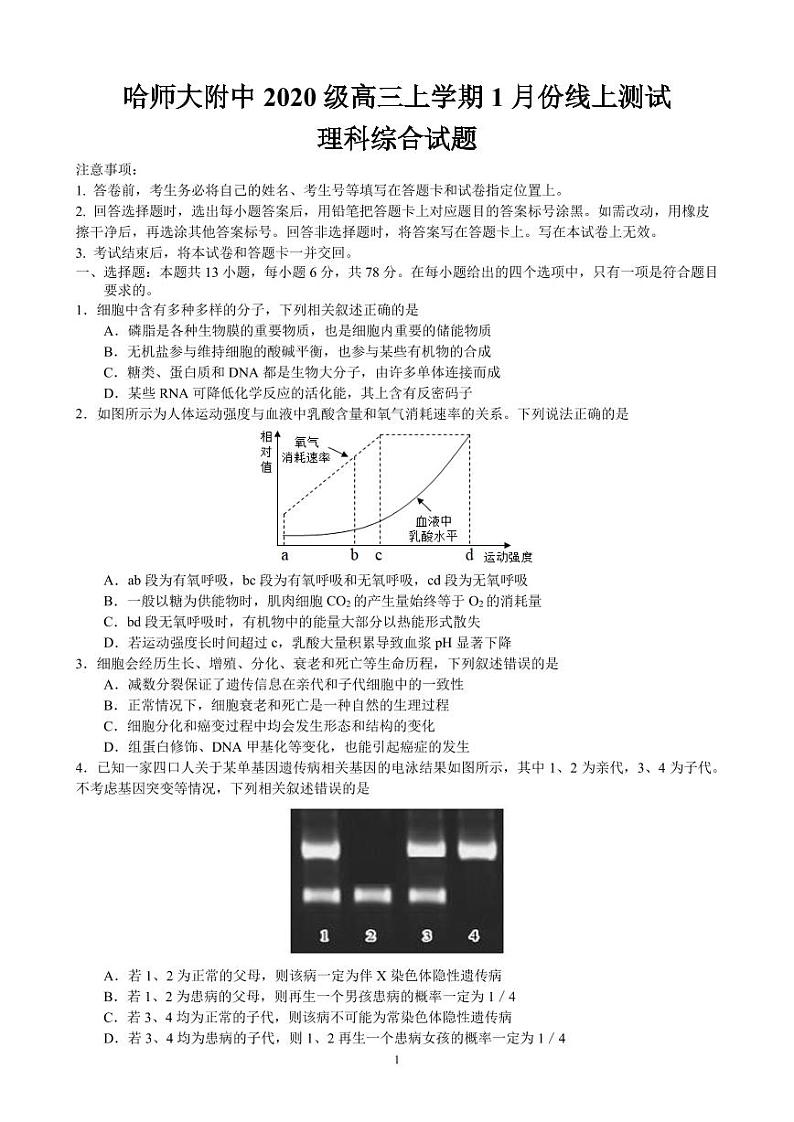 2022-2023学年黑龙江省哈尔滨师范大学附属中学高三上学期1月份线上测试 理综 PDF版第1页
