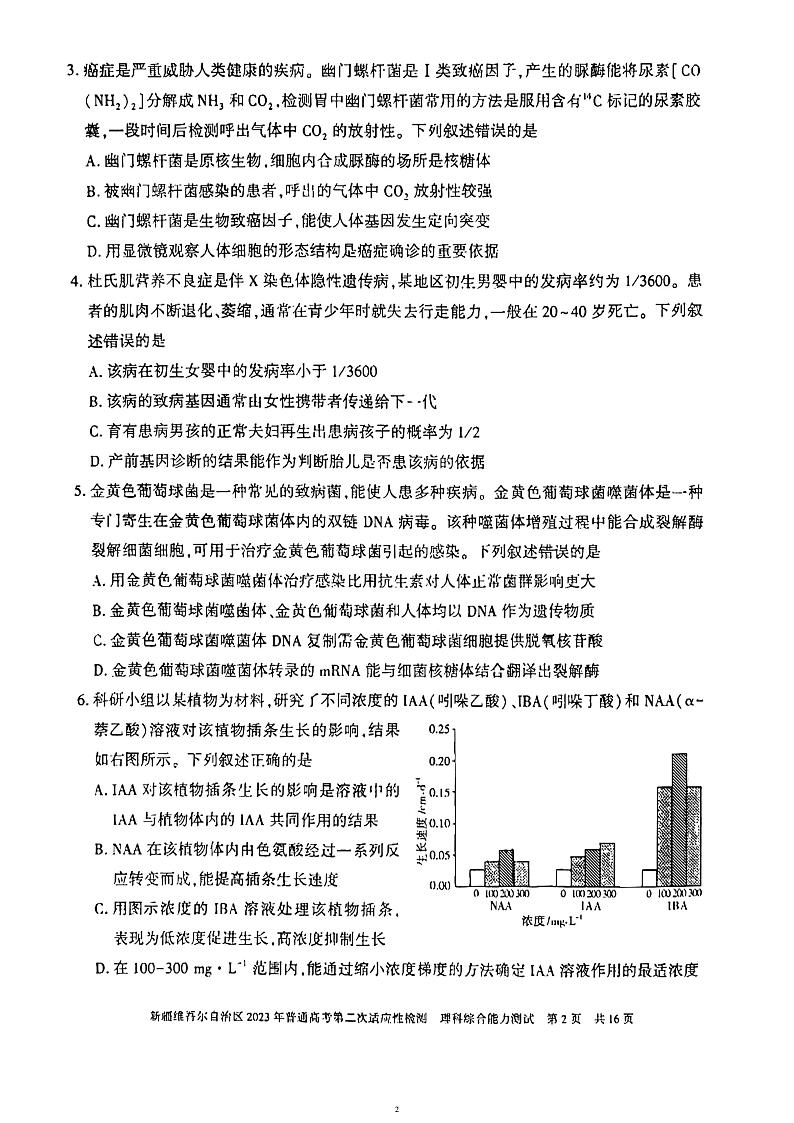 新疆维吾尔自治区 2023 年普通高考第二次适应性检测理科综合试卷及参考答案02