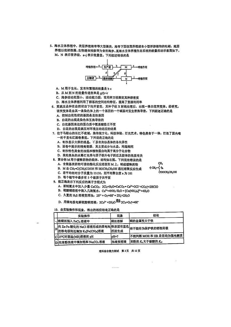 2023届安徽省马鞍山高三第二次教学质量检测（二模）理科综合试卷02