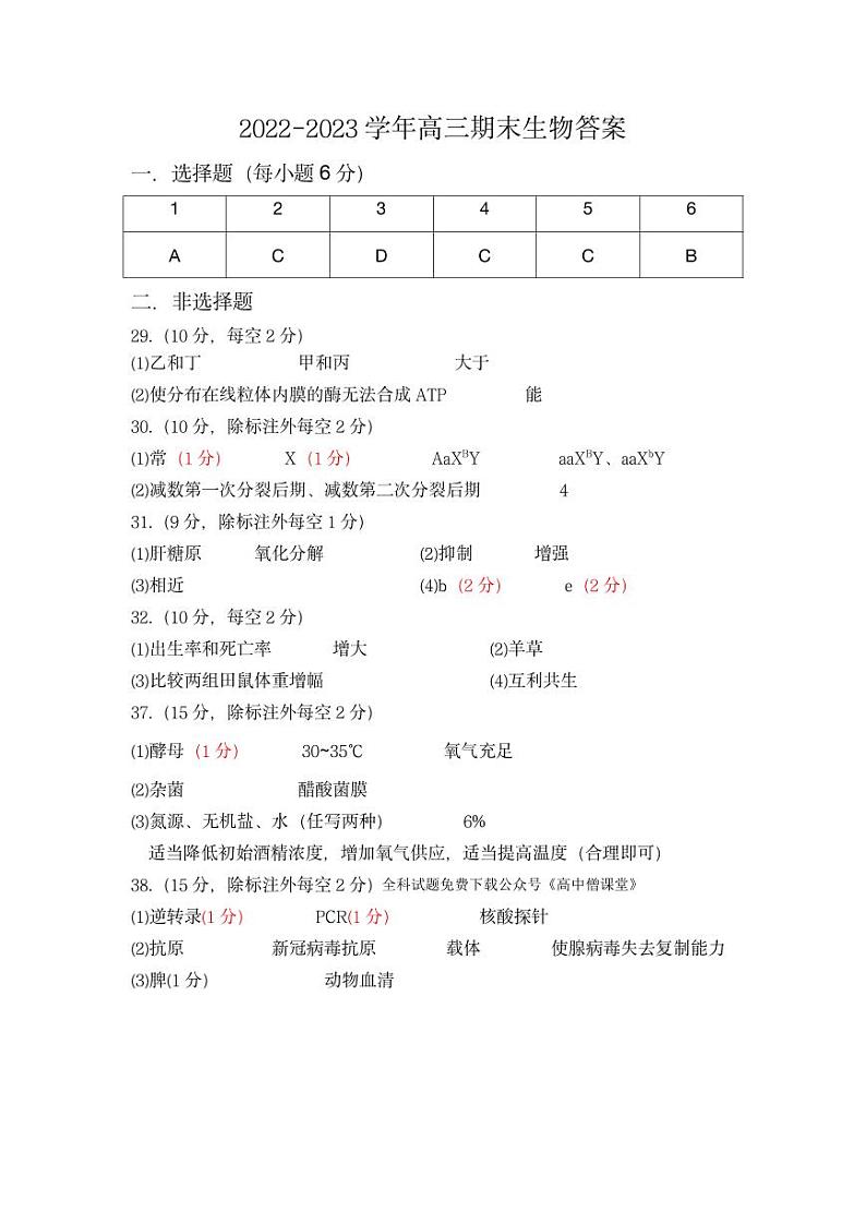 2022-2023学年内蒙古包头市高三上学期期末（零模）理综试题扫描版含答案01