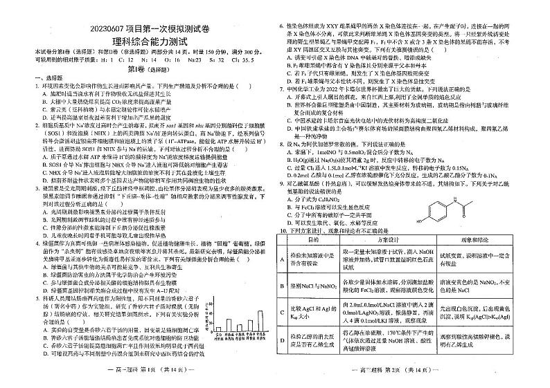 2023届江西省南昌市高三下学期第一次模拟测试理科综合试题PDF版含答案01