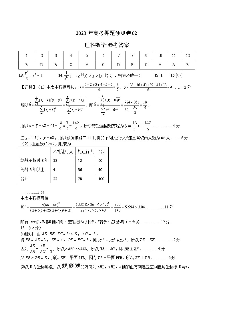 2023年高考押题预测卷02（乙卷理科）（参考答案）01