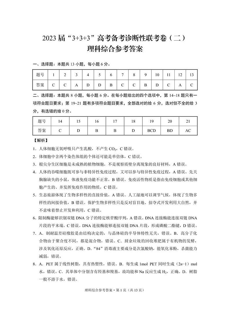 云南省2023届“3+3+3”高考备考诊断性联考卷（二）理综答案和解析第1页