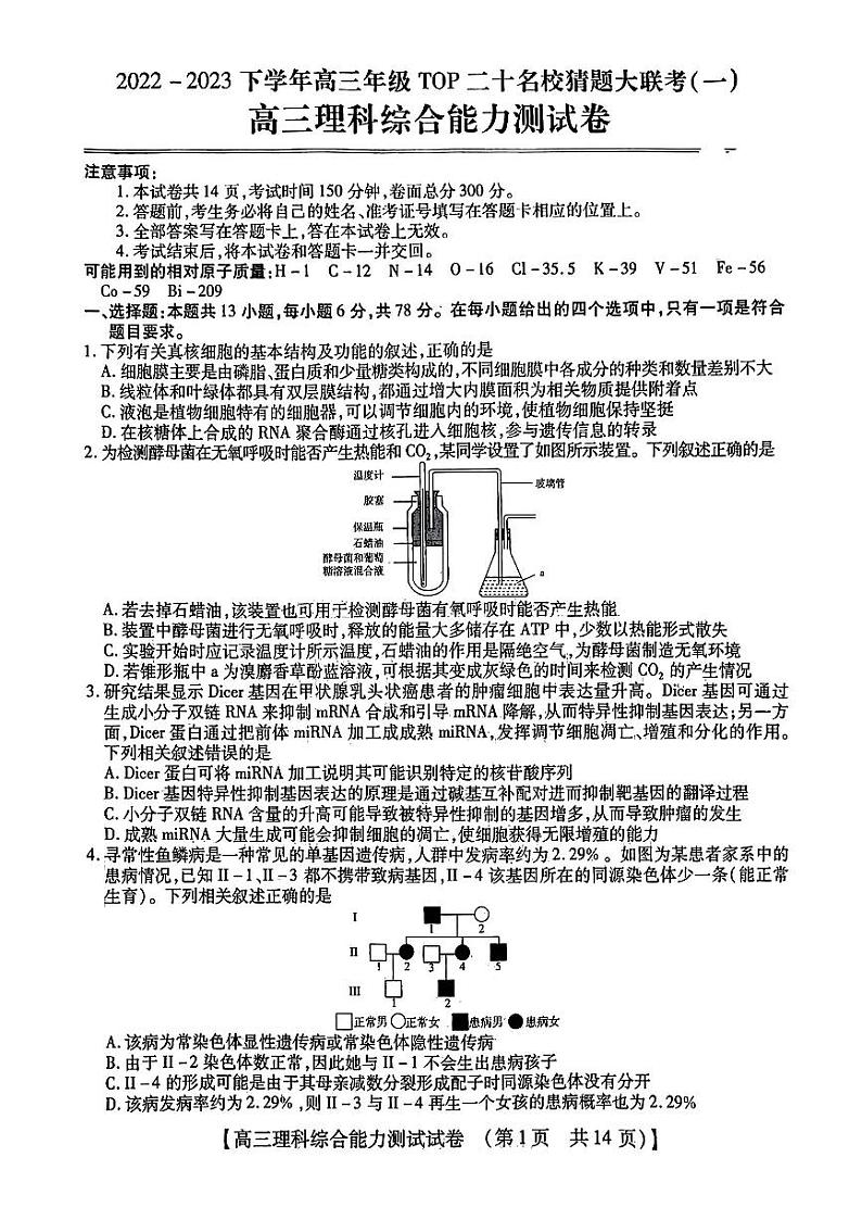 2023年河南省高三TOP二十名校猜题信息卷一 理科综合试题01