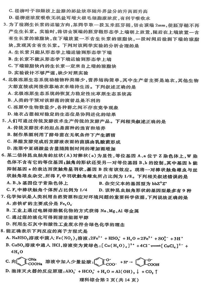 2023届东北三省四市教研联合体高三高考模拟考试（一）（暨长春三模、大连一模、沈阳二模、哈尔滨）理综第2页