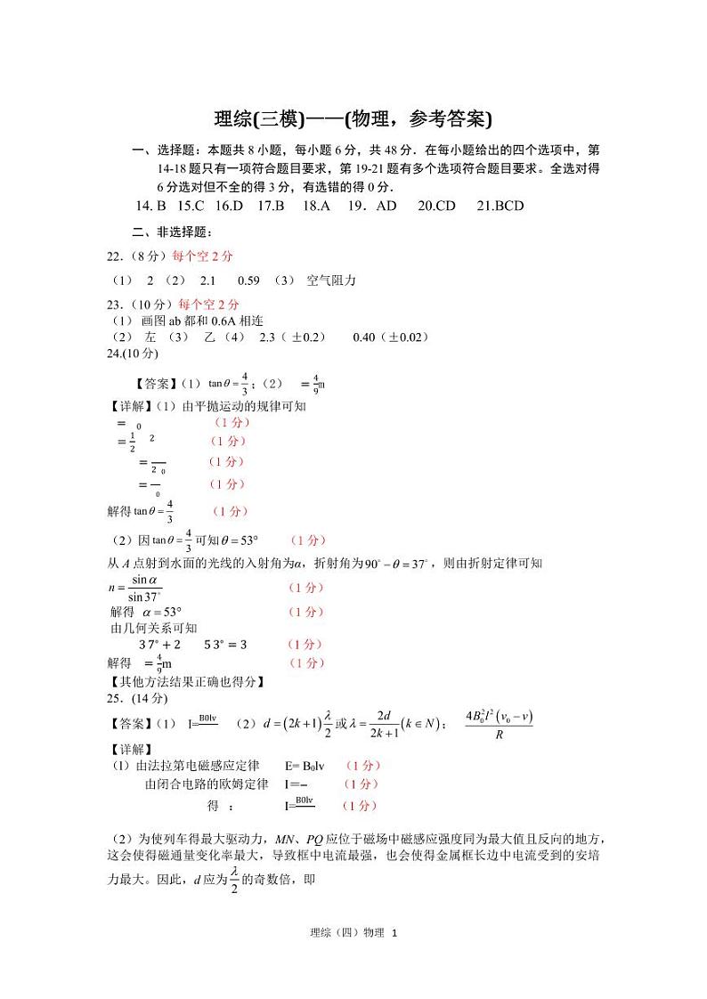 2023 年哈三中高三学年第三次高考模拟考试 理综物理答案第1页