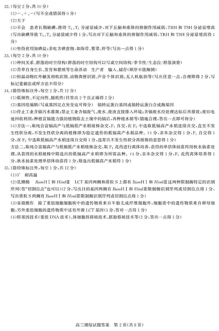 晋中市2023年5月普通高等学校招生模拟考试 理综答案A卷第2页