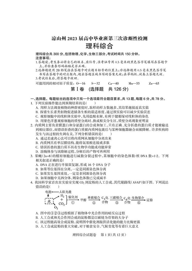 2023届四川省凉山彝族自治州高三下学期第三次诊断性检测 理综 PDF版01