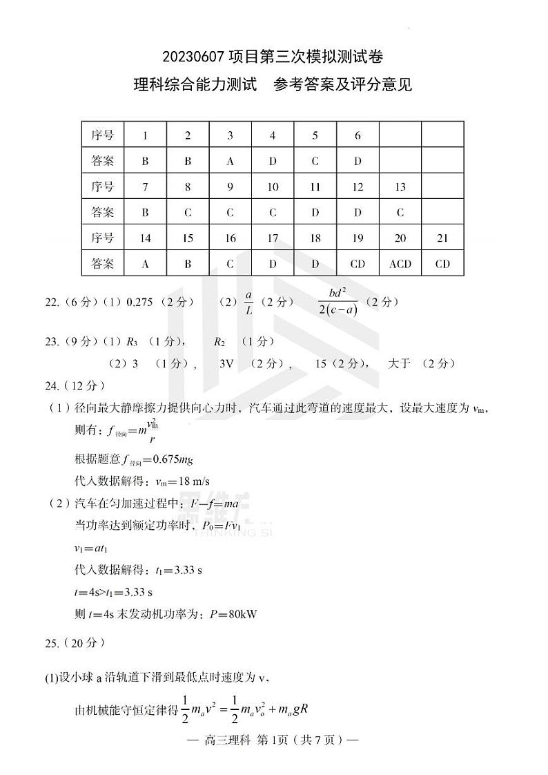 2023南昌市三模 理综答案第1页