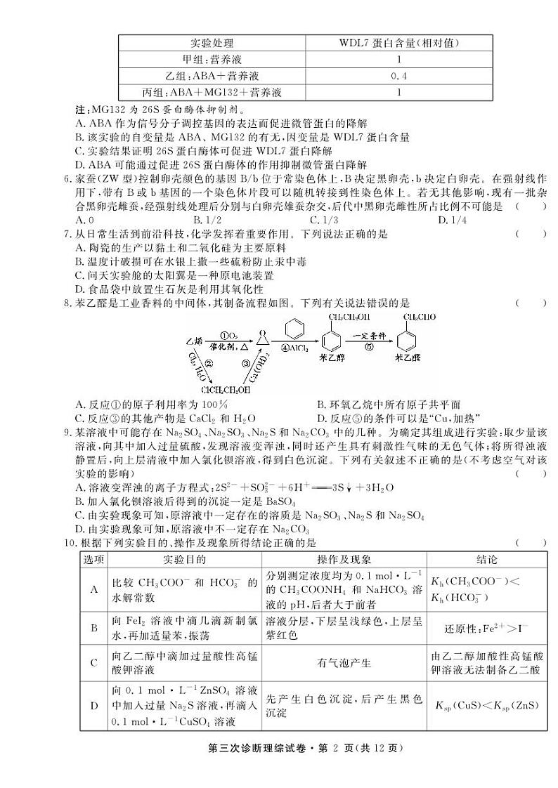 2023届甘肃省高三第三次高考诊断考试理科综合试卷+答案第2页