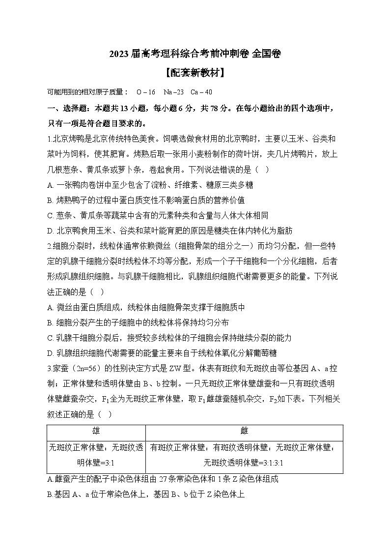 2023届高考理科综合考前冲刺卷 全国卷【配套新教材】第1页