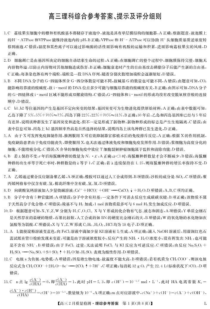 2023届河南省高三2月质量检测理科综合试题（老教材）PDF版含答案01