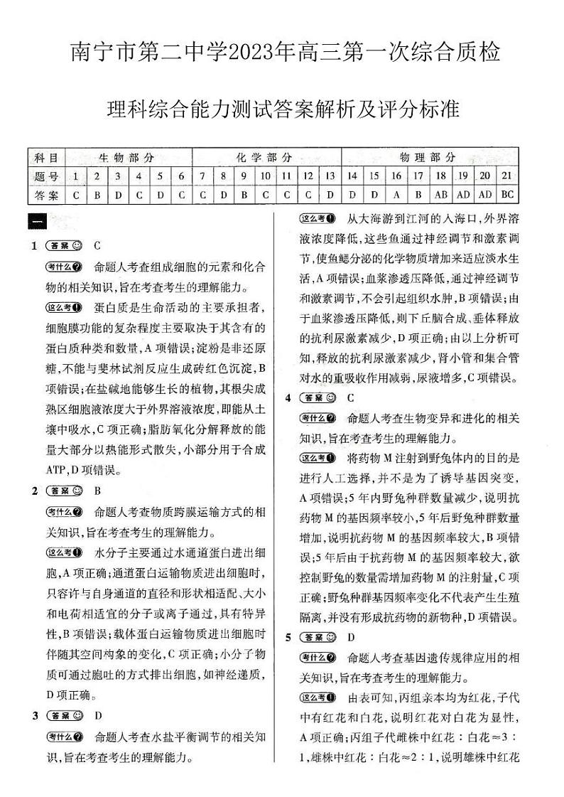 2022-2023学年广西南宁市第二中学高三上学期第一次综合质检(月考)理综PDF版含答案01