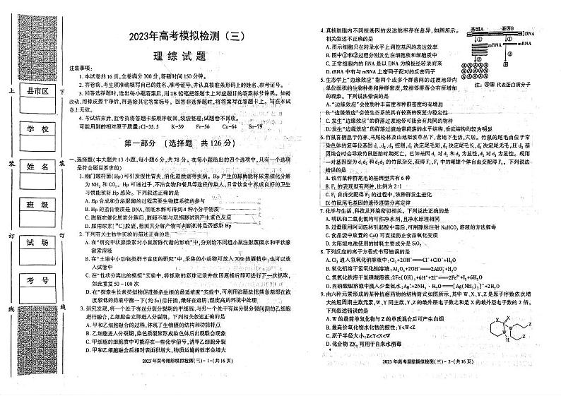 100所名校2023年普通高等学校招生全国统一考试高考样卷（一）（全国卷）理综试题第1页