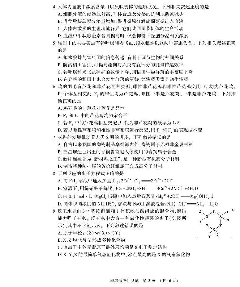 2023年河南省普通高中毕业班高考适应性考试理综试题第2页