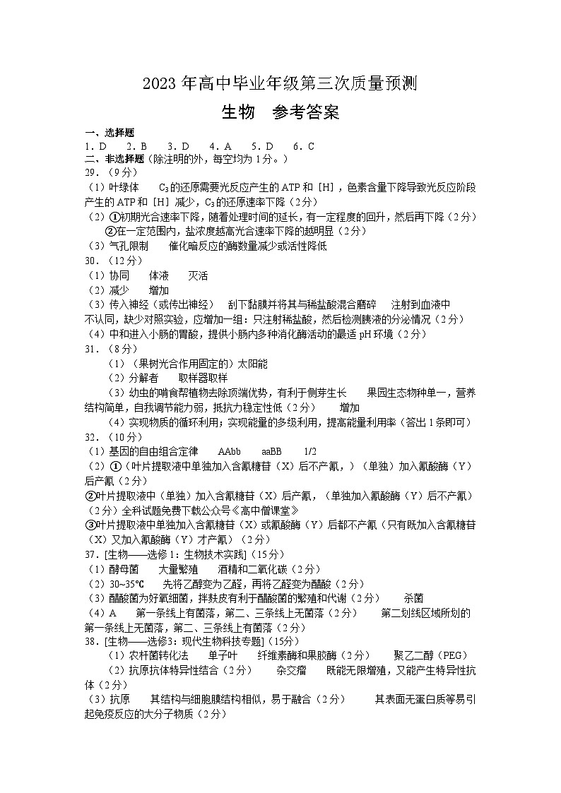 2023届河南省郑州市高三第三次质量预测l理综试题 PDF版01