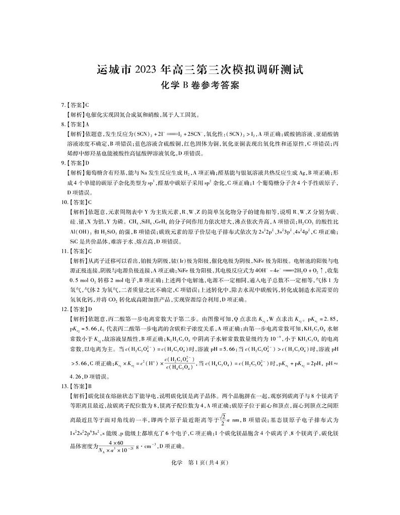 2023届山西省运城市高三下学期第三次模拟调研测试 理综 PDF版01