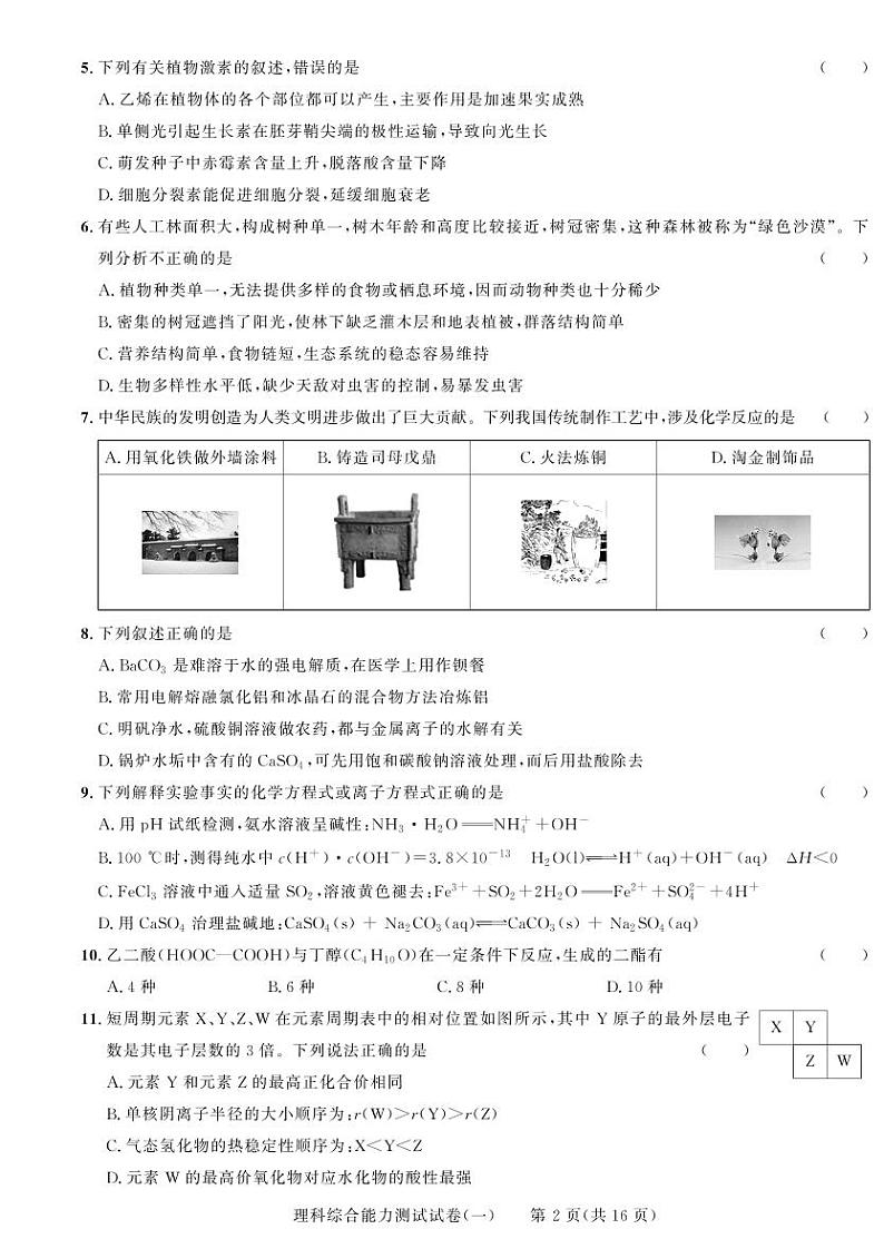 黑龙江省2019届 普通高等学校招生全国统一考试   仿真模拟(一)  理科综合试卷第2页