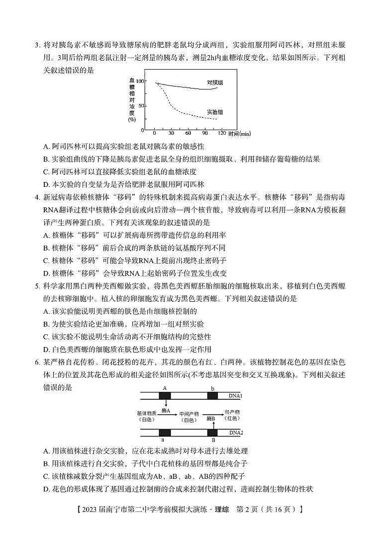 广西南宁市第二中学2023届高三下学期考前模拟大演练 理综02