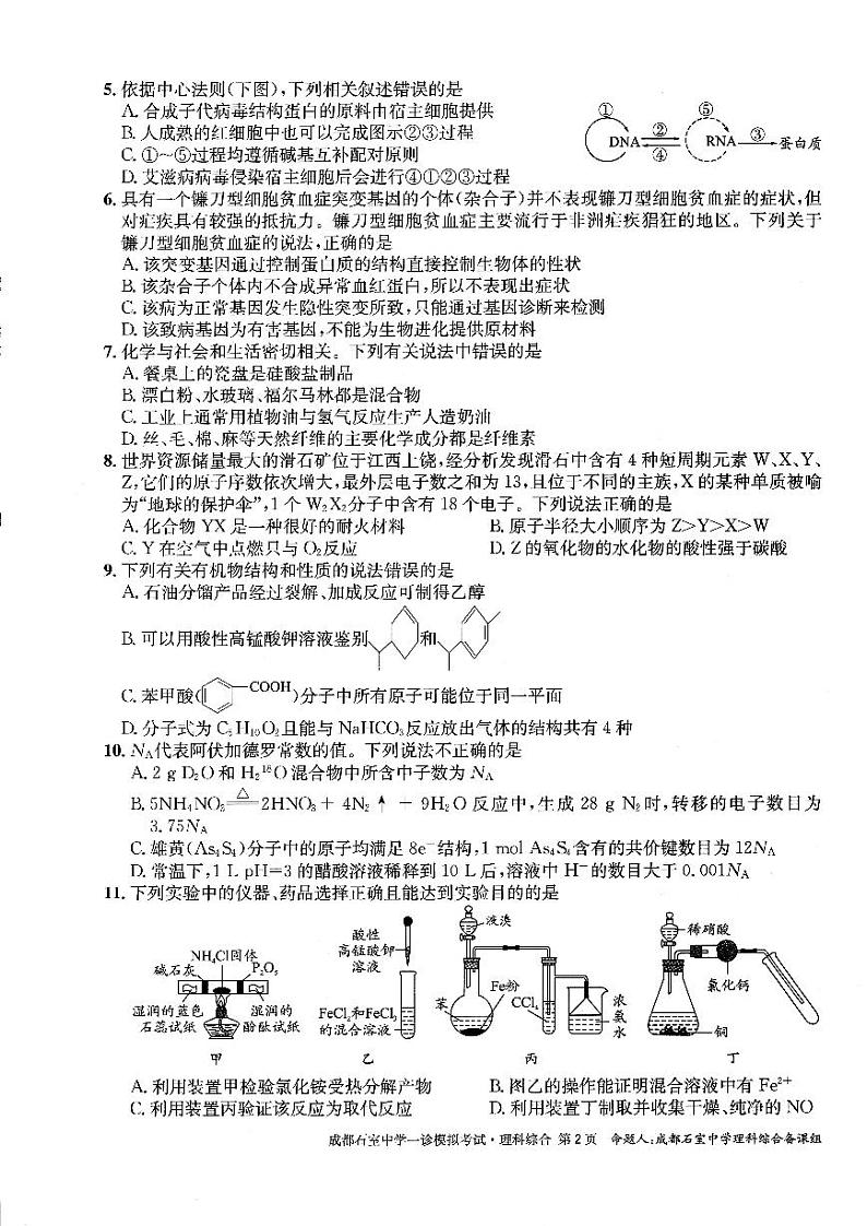 2023届四川省成都石室中学高三一诊模拟考试理综试题 PDF版02