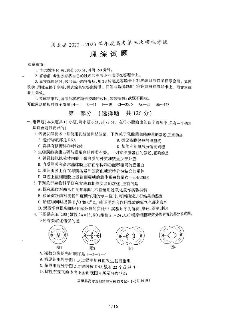 2023届陕西省西安市周至县高三第三次模拟考试理科综合试卷+答案01