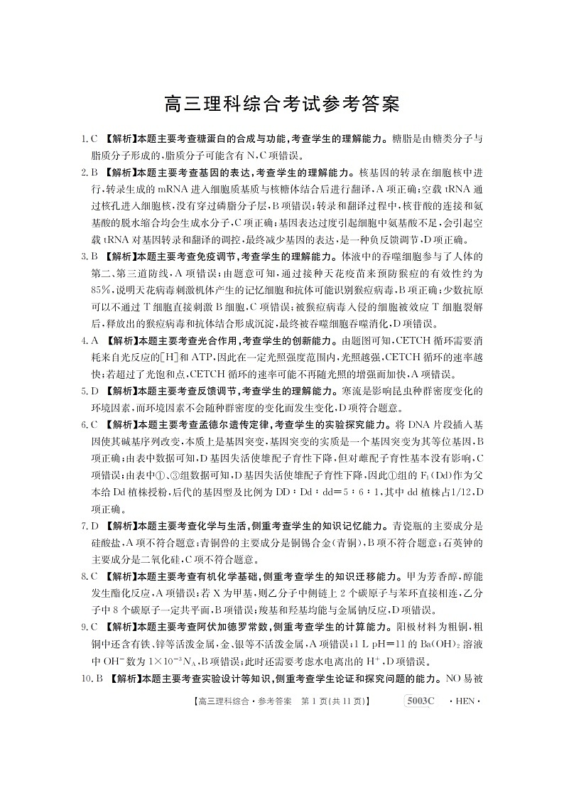 2023届河南省名校联考高三5月最终模拟理综答案第1页